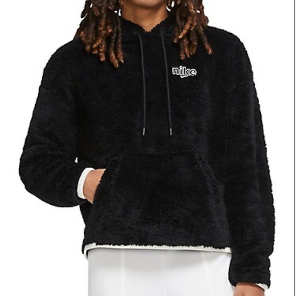 NIKE SPORTSWEAR PLUSH FAUX FUR HOODIE WOMEN SIZE LARGE BLACK - Picture 3 of 12